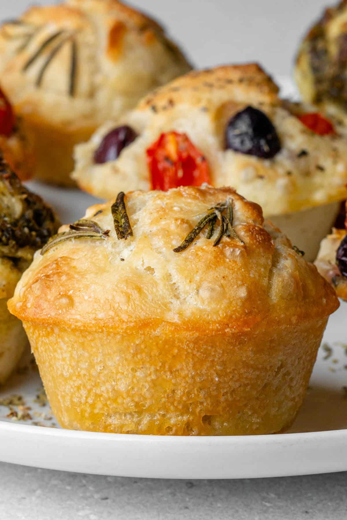 Close of a focaccia muffin to show the shape