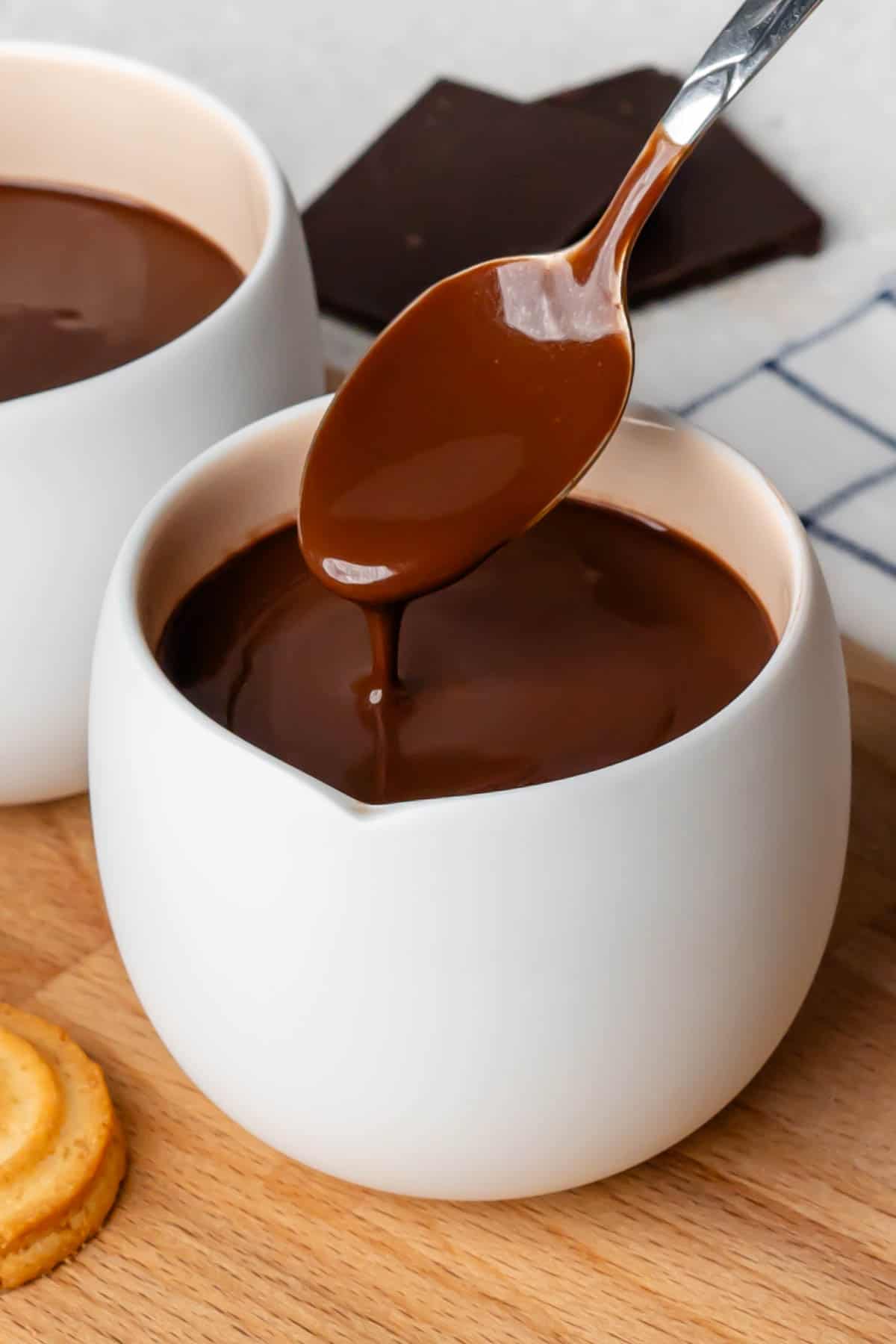 Spoon of Italian Hot Chocolate being lifted out of a mug