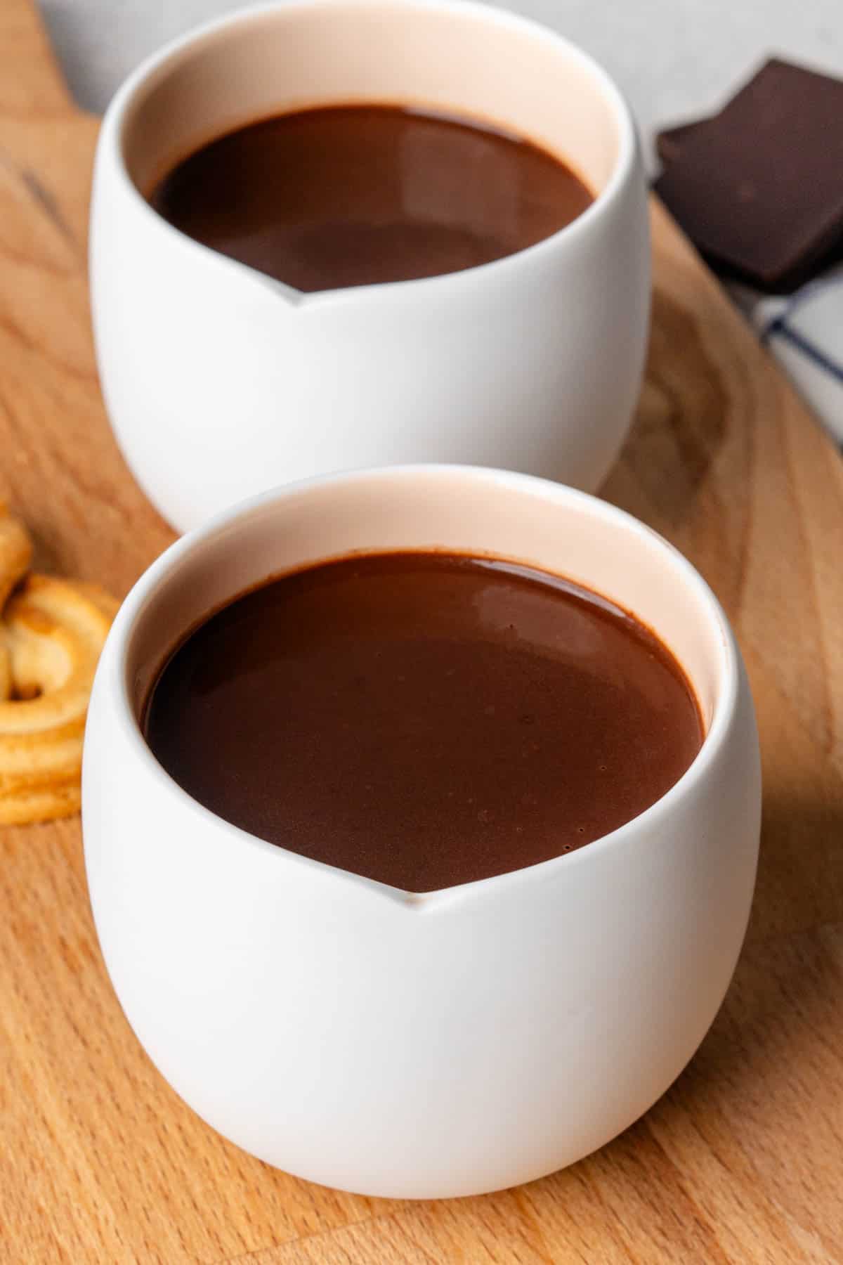 Two mugs filled with thick Italian Hot Chocolate