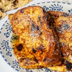 Panettone French Toast with maple syrup and icing sugar