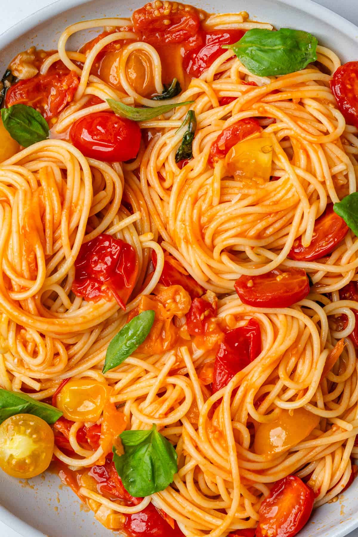 Close up of cherry tomato pasta in a pan