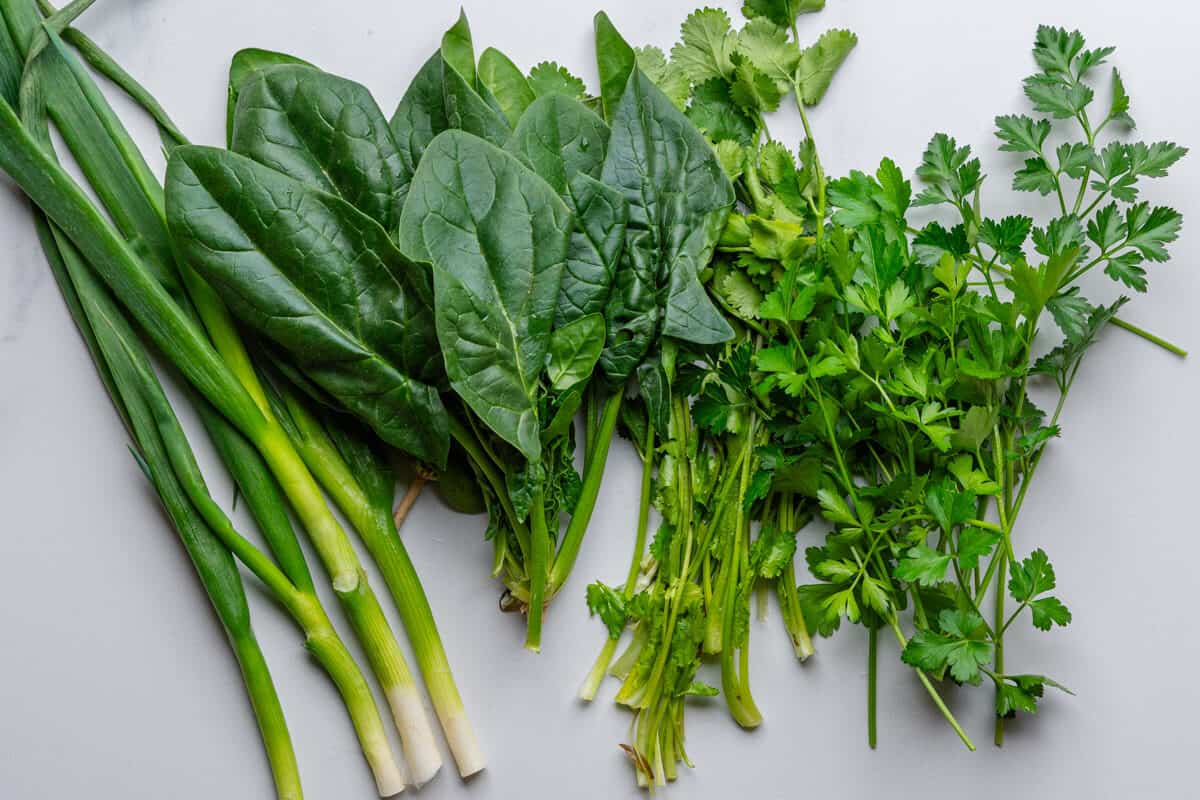 Fresh herbs, spinach, cilantro, parsley, green onions