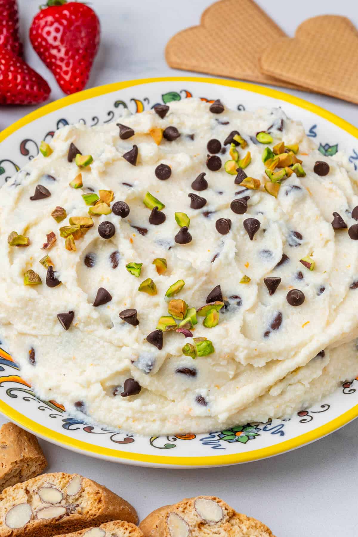 Cannoli dip with chopped pistachios and choc chips on top