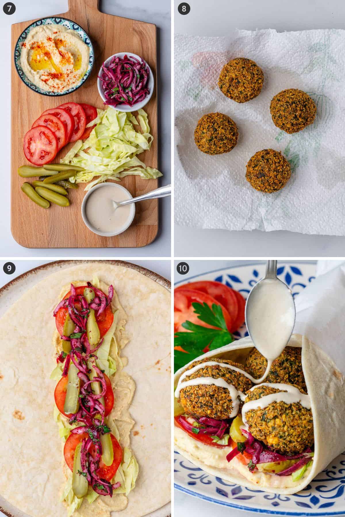 Steps 7 to 10 on how to make a falafel wrap