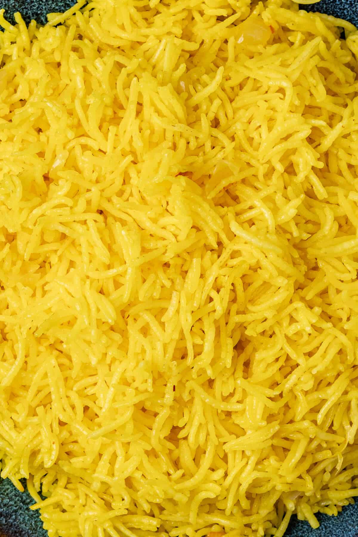 Close up of saffron rice to show grains