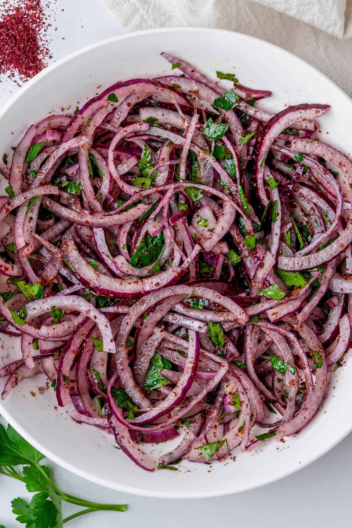 Marinated sumac onions in a bowl