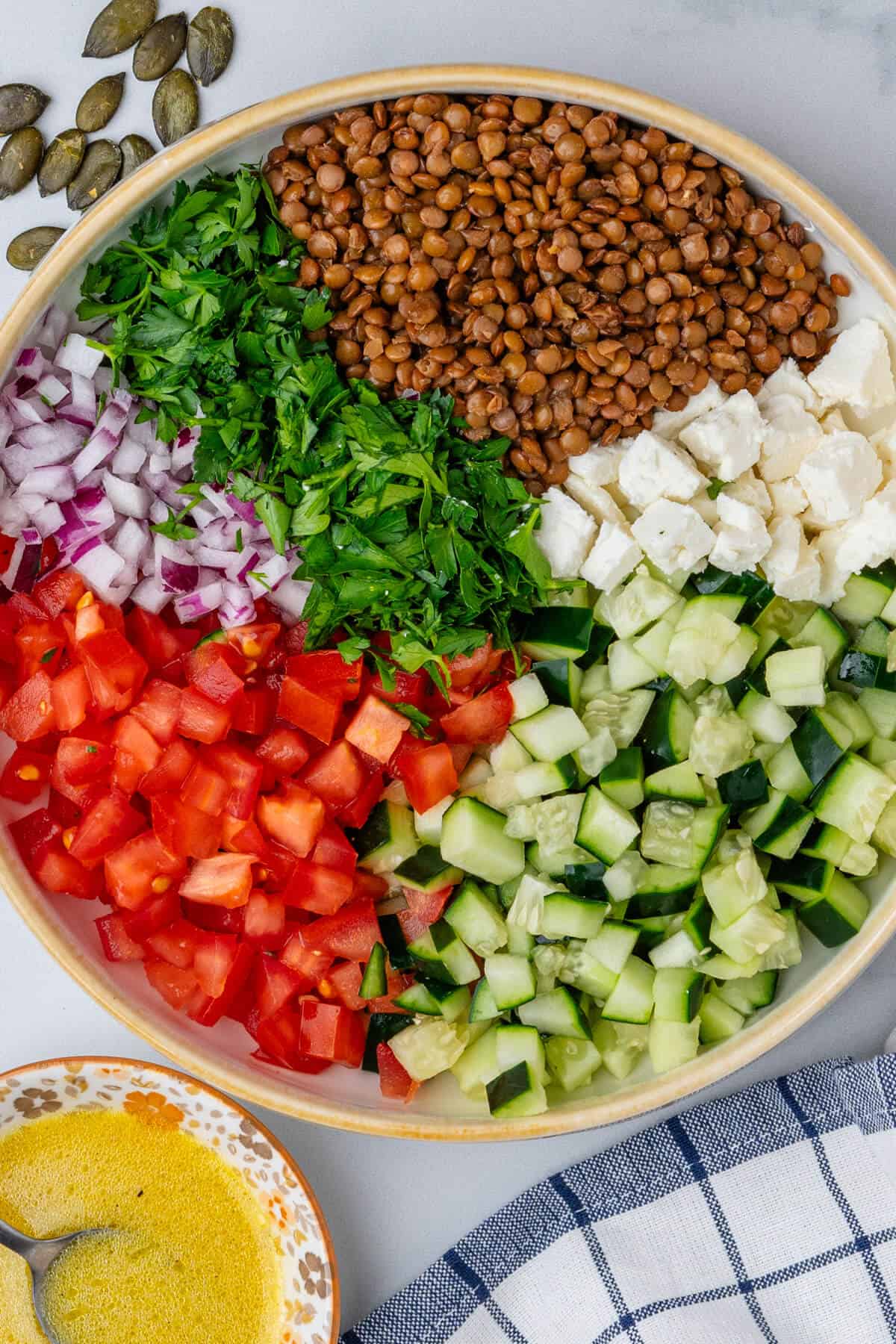Chopped ingredients in a bowl before being mixed