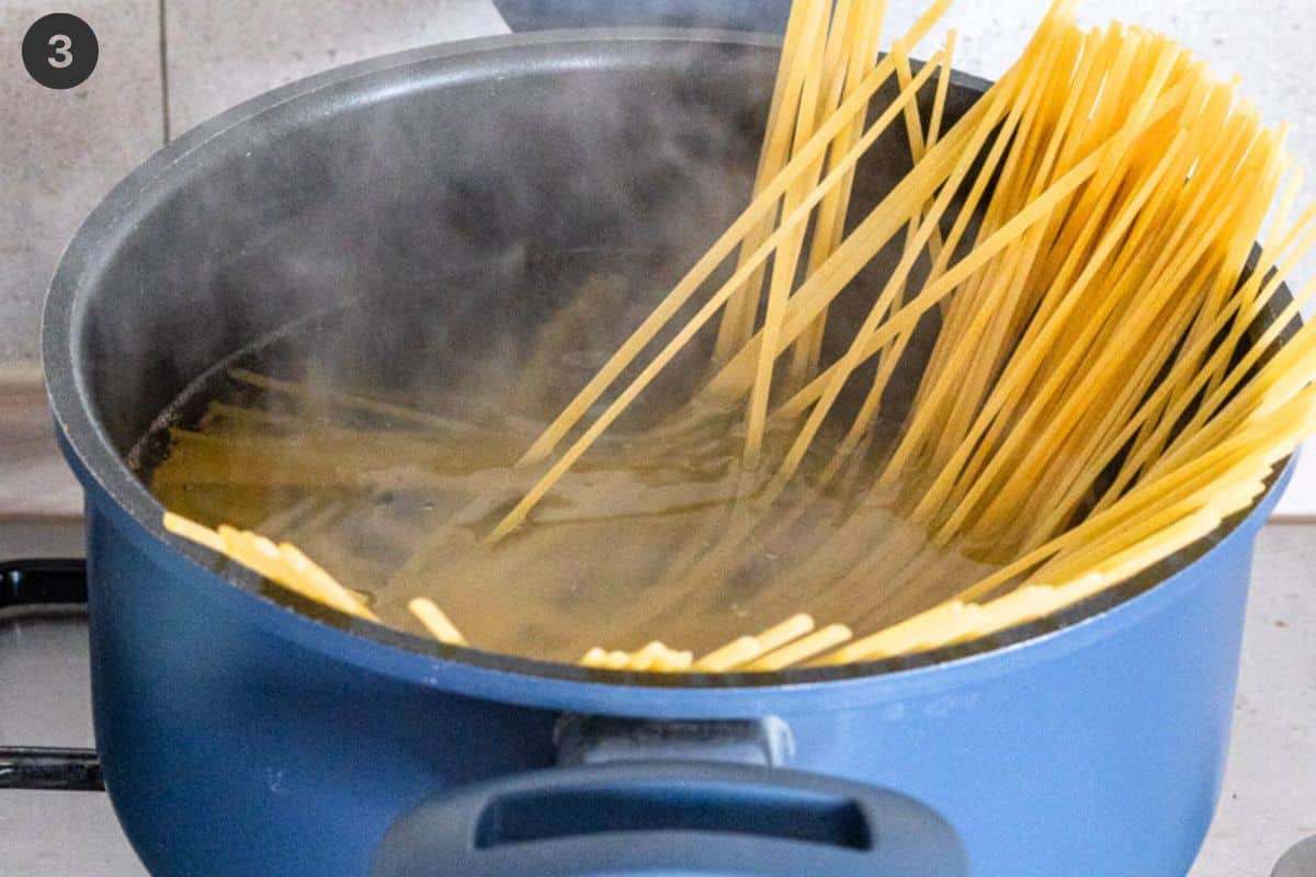 Pasta being cooked in a pot
