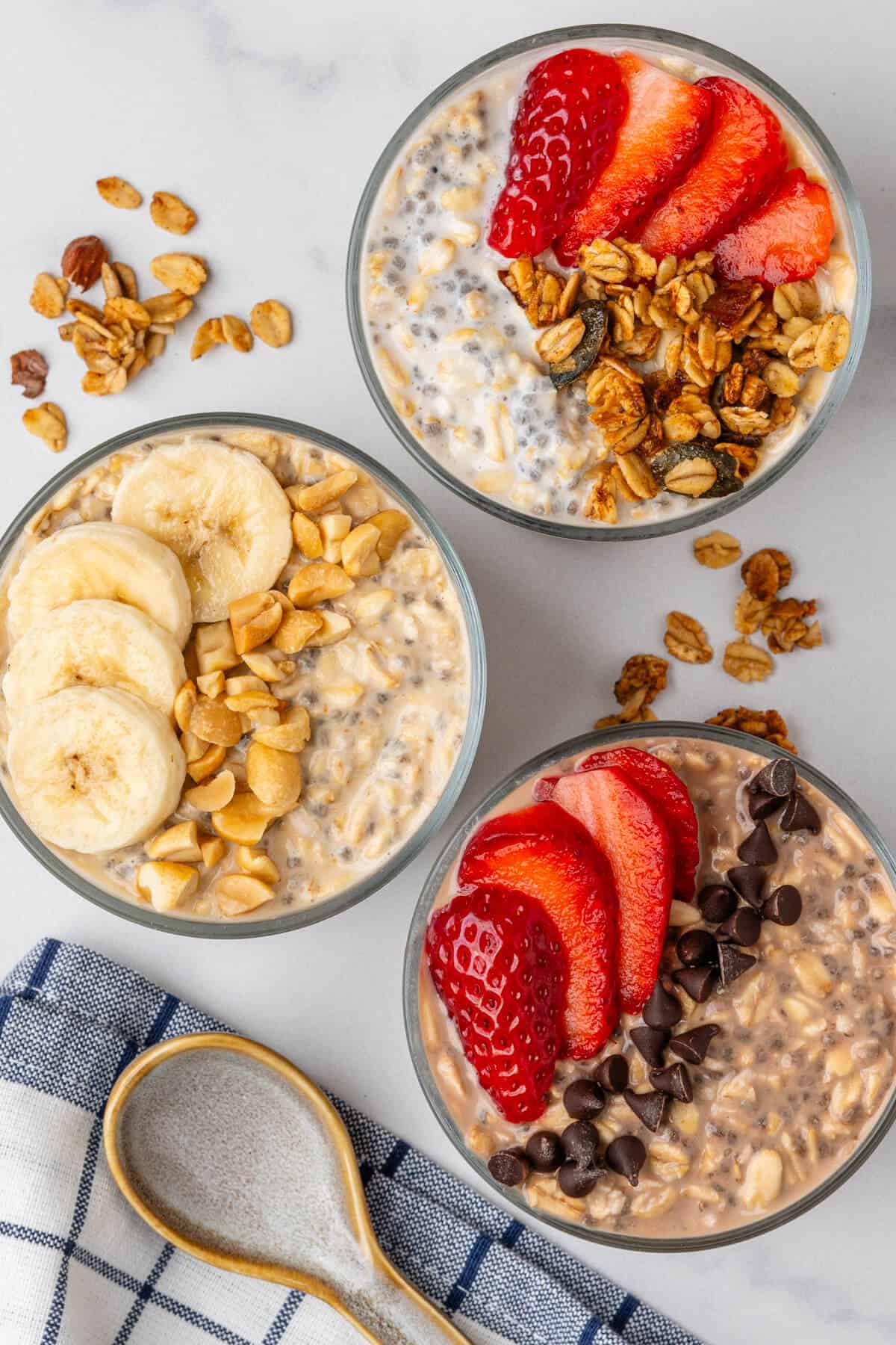 3 flavors with toppings of protein overnight oats