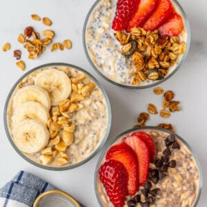 3 flavors of protein overnight oats with toppings