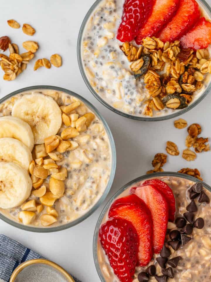 3 flavors of protein overnight oats with toppings