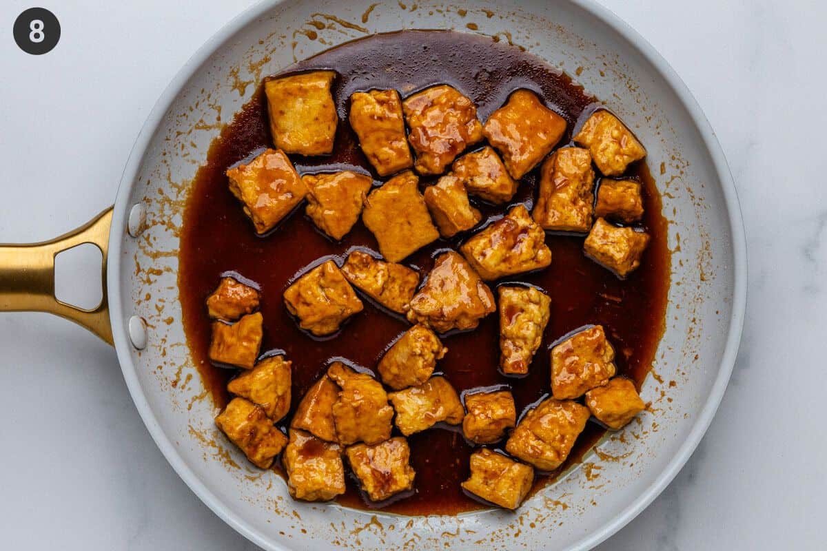 Cooked teriyaki tofu in a pan