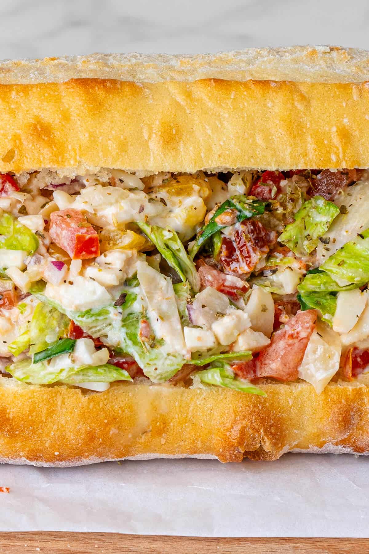 Close up of Chopped Italian Sandwich in a bread roll