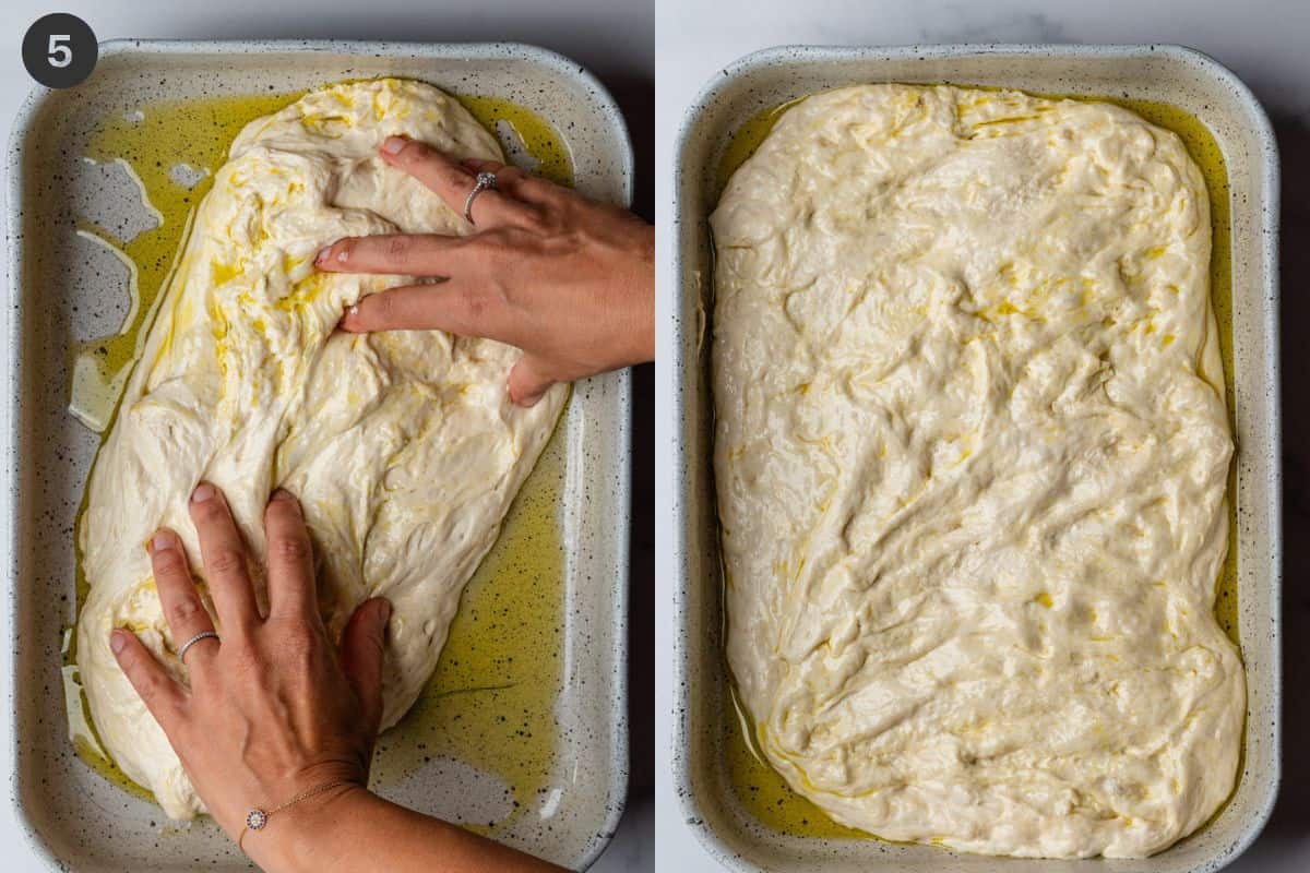 Dough being stretched on oven tray with hands