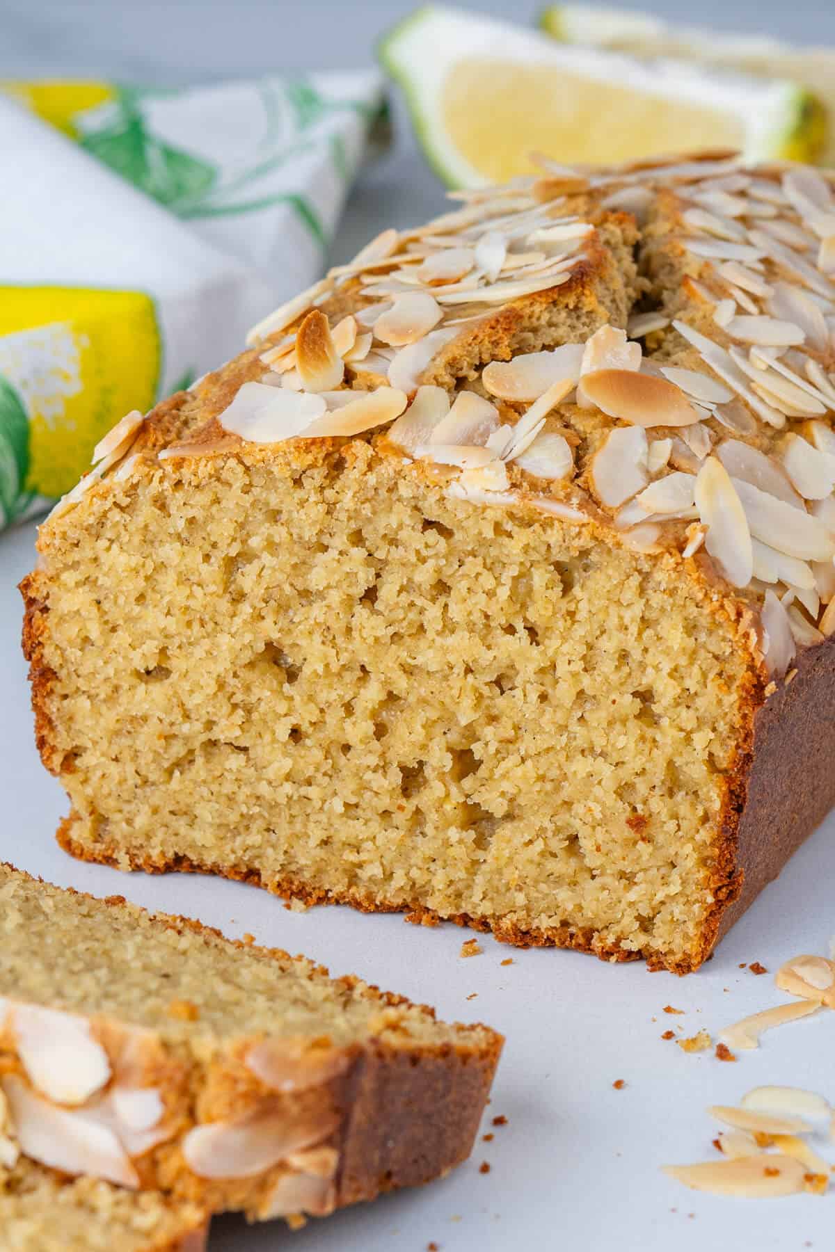 Lemon loaf cake sliced to show the inside