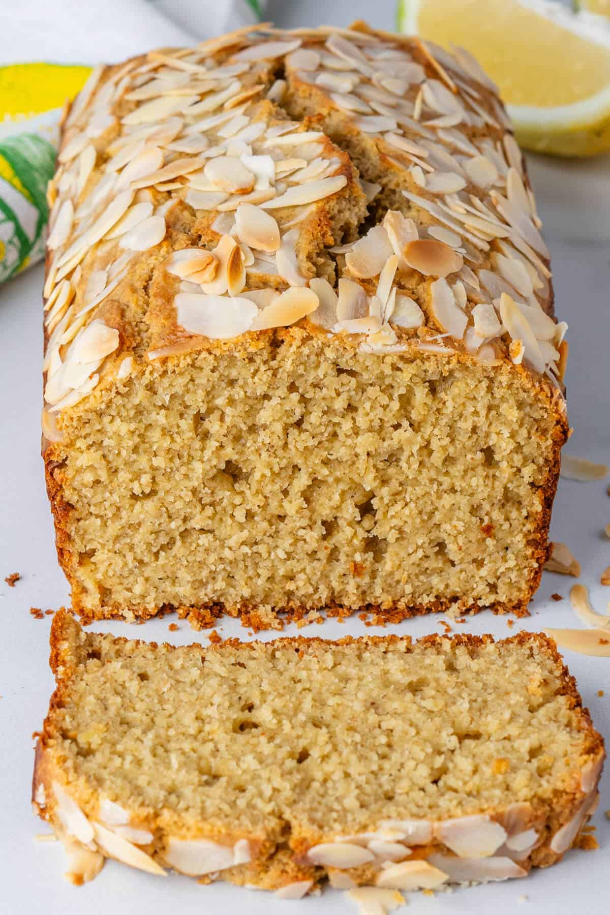 Loaf cake with one piece sliced