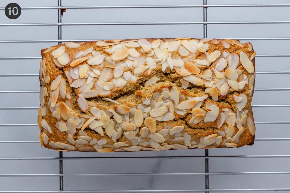 Loaf cake resting on a cooling rack