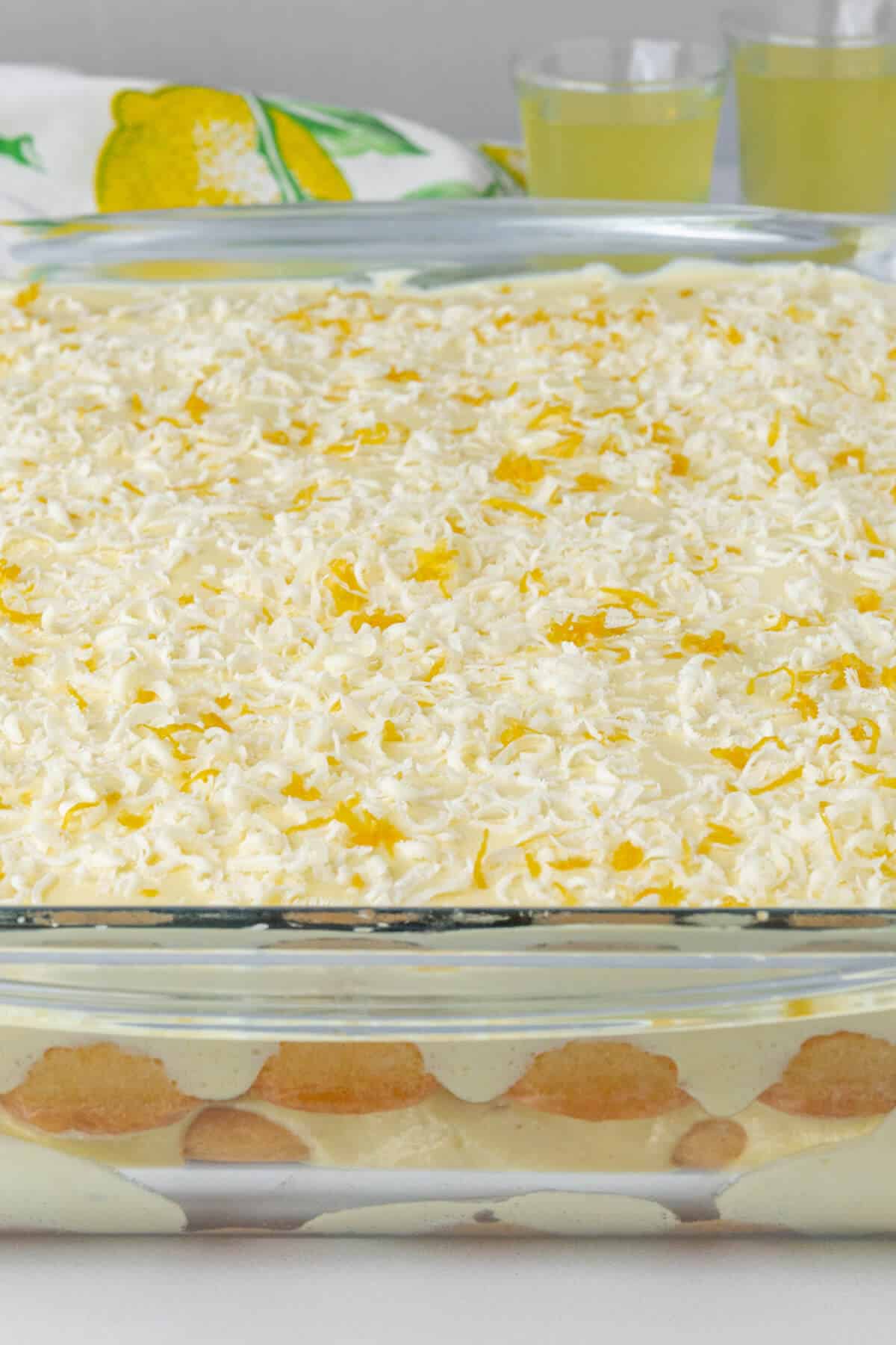 Limoncello tiramisu with grated lemon zest and white chocolate