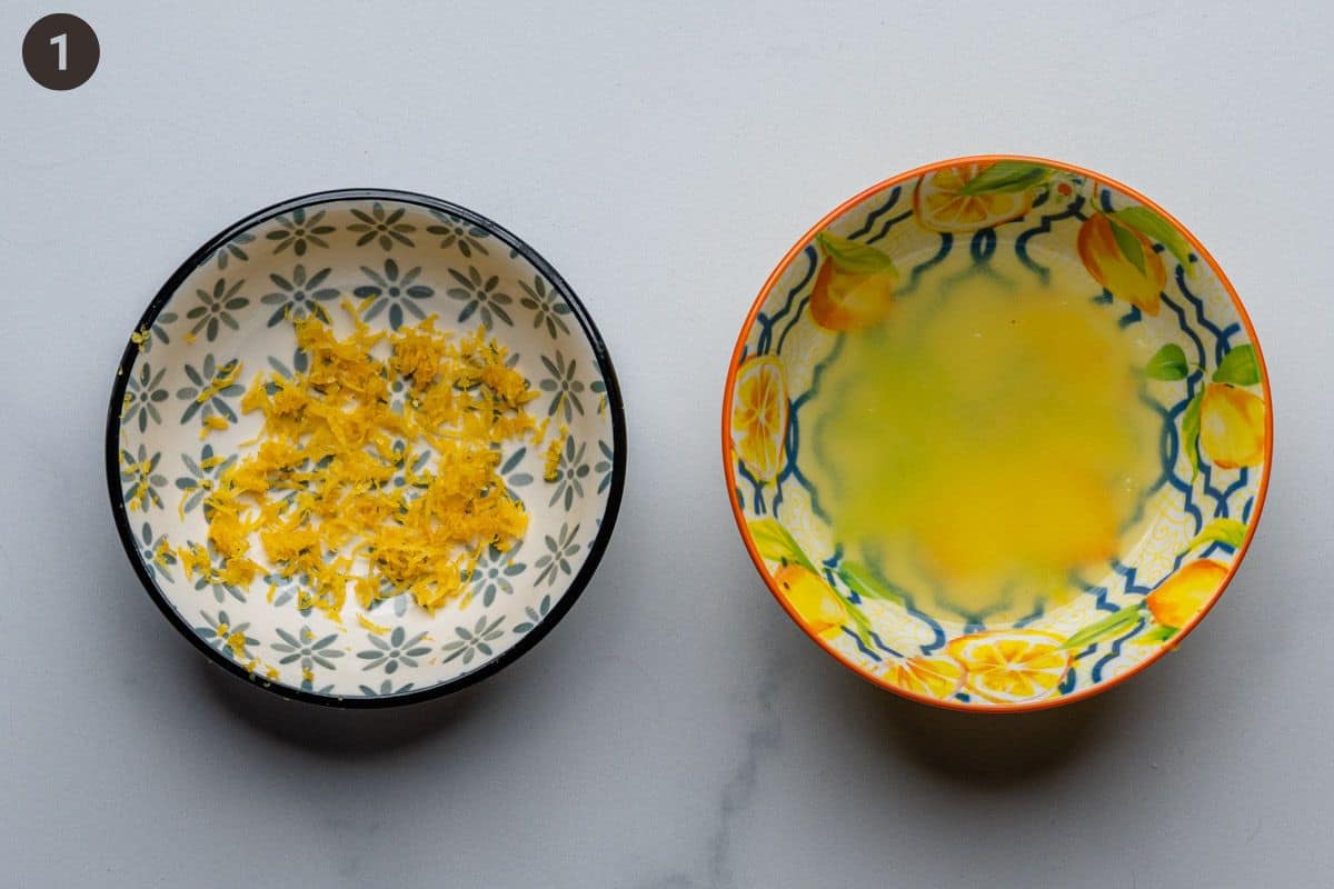 Lemon zest and lemon juice in small bowls