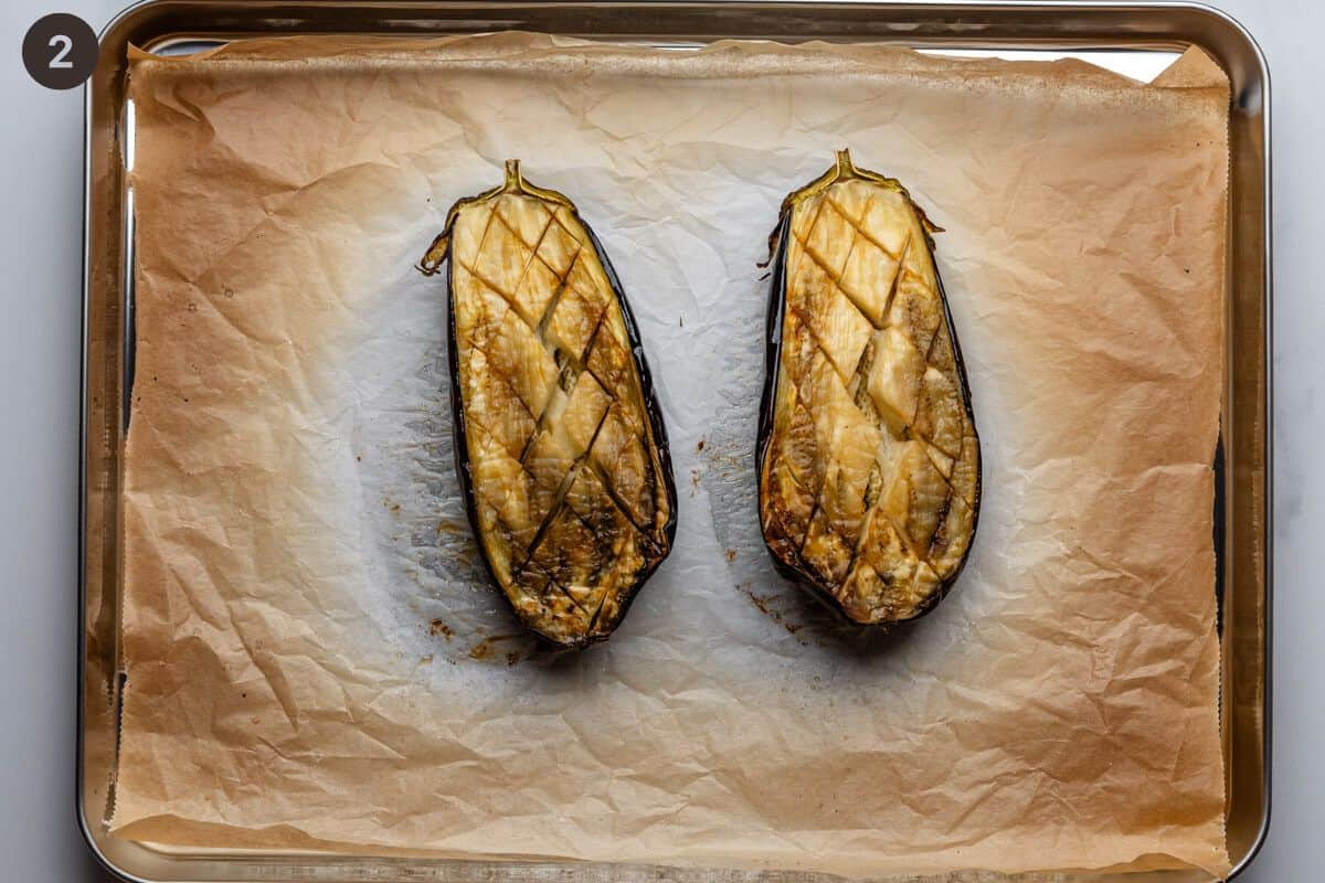 Eggplants roasted on a baking tray