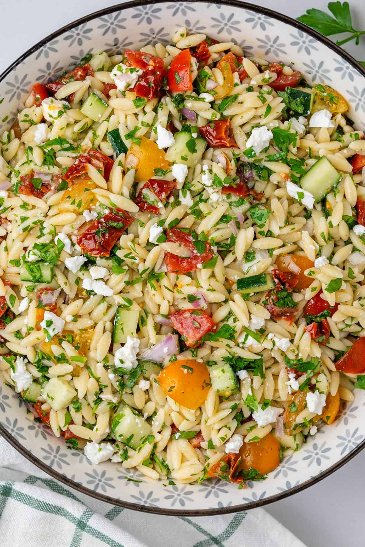 Orzo salad served in large bowl