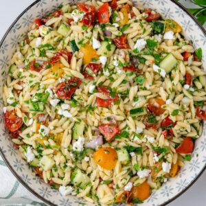 Orzo salad in a large bowl
