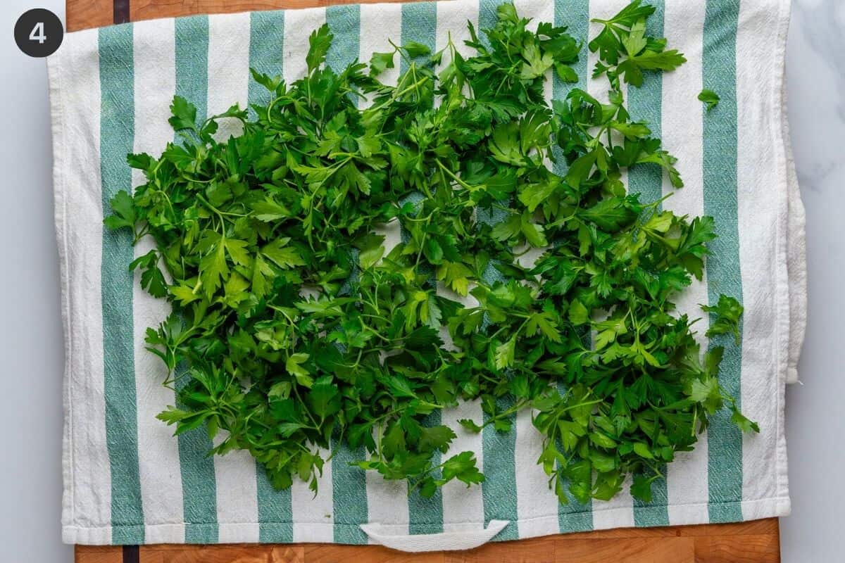Parsley washed and left to dry on a kitchen towel