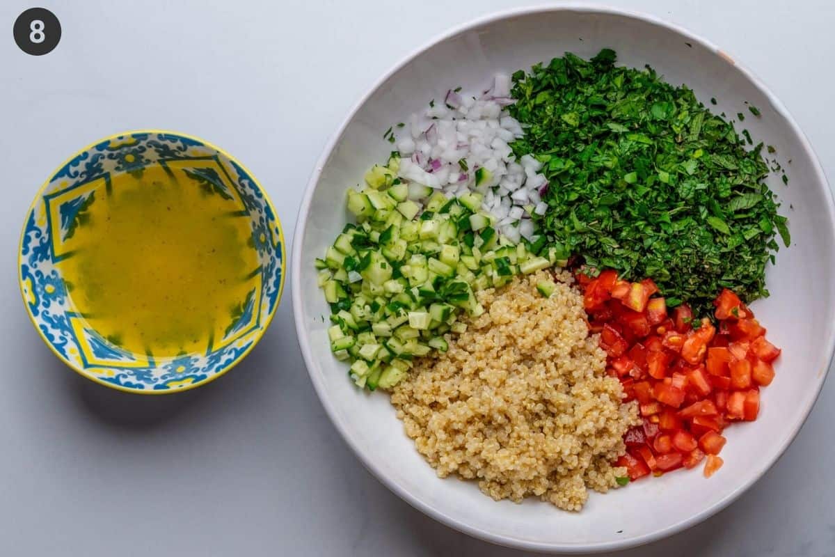 Dressing and salad ingredients in separate bowls