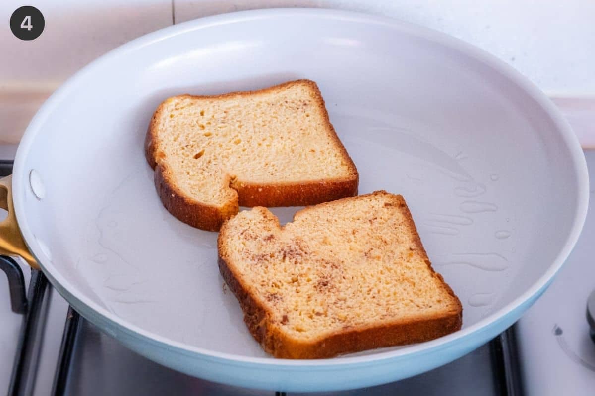 Brioche pieces being fried on a pan