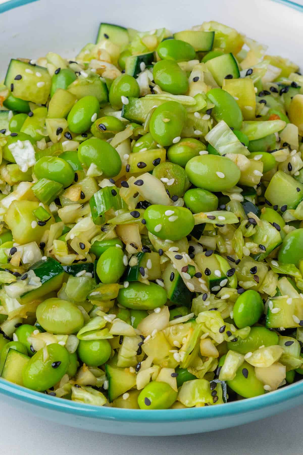 Edamame salad with sesame seeds on top