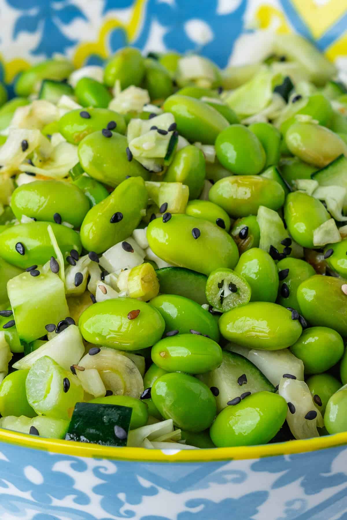 Close up of edamame salad with sesame seeds