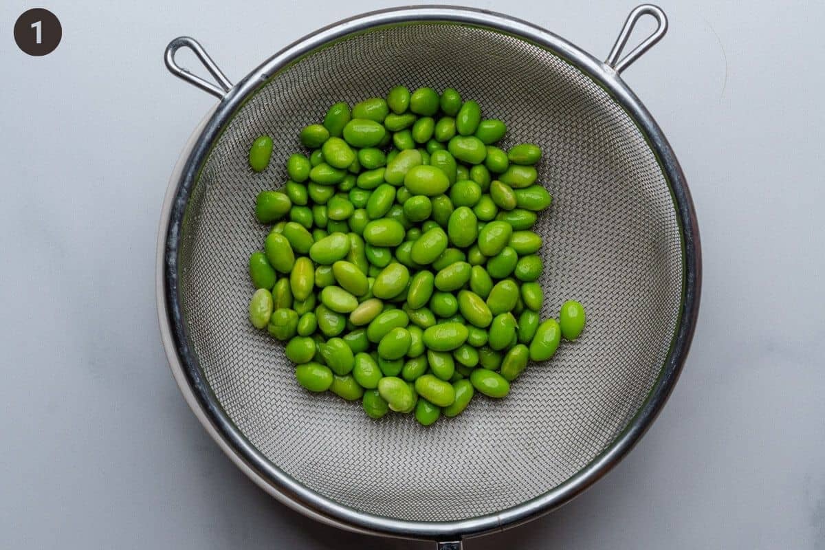 Edamame beans in a colander