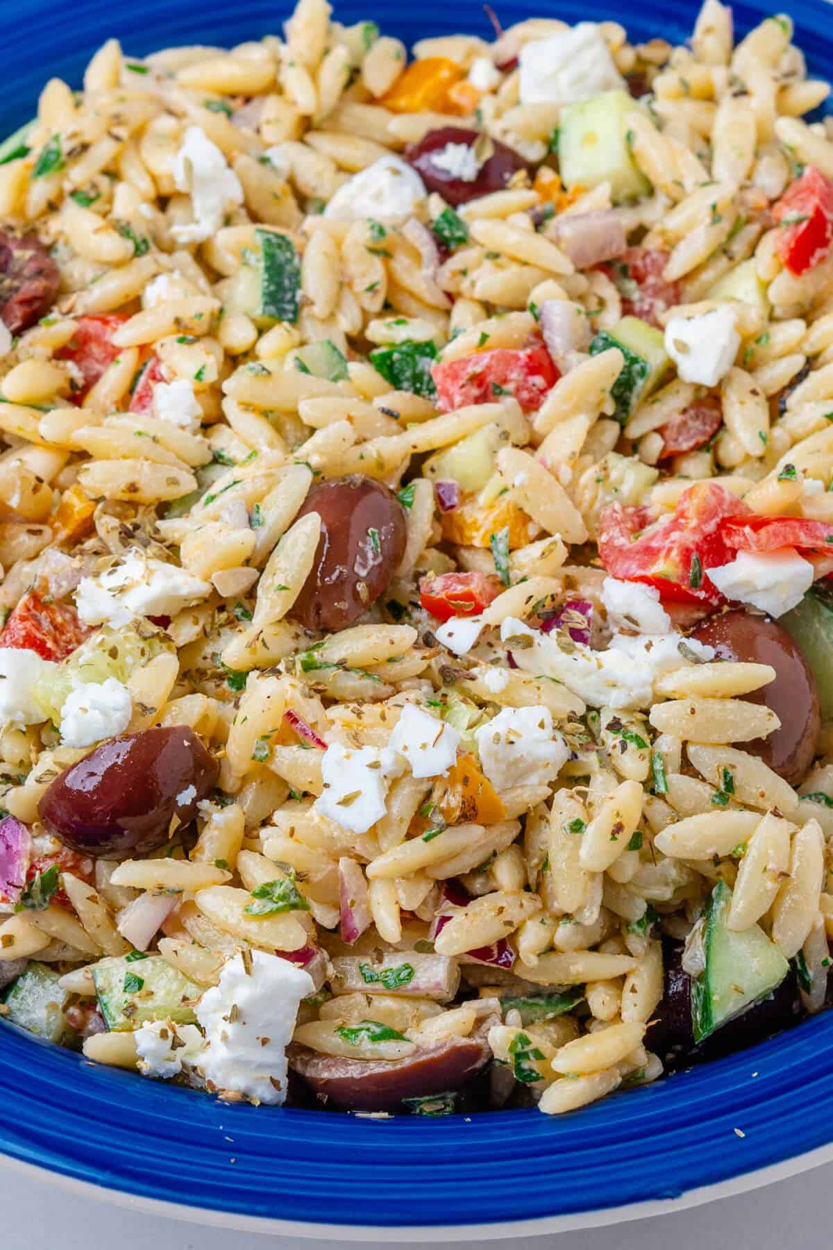 Angle view of pasta salad in a bowl