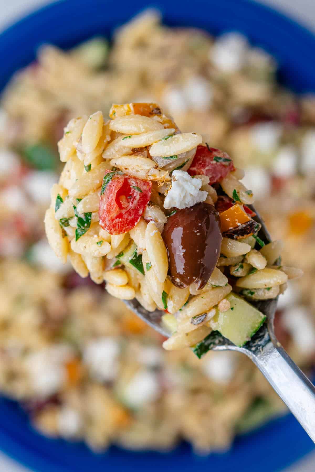 Close up of spoon of greek orzo salad