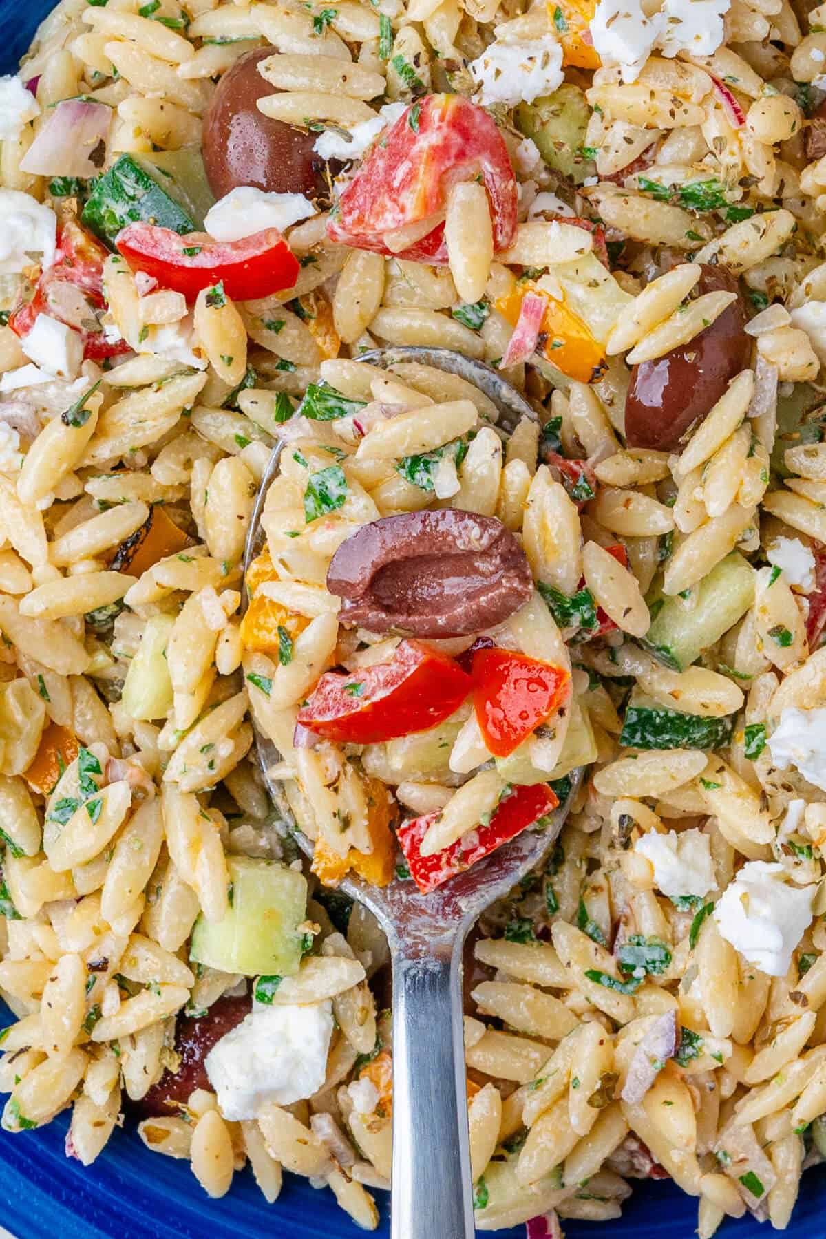 Spoon in a bowl of orzo salad