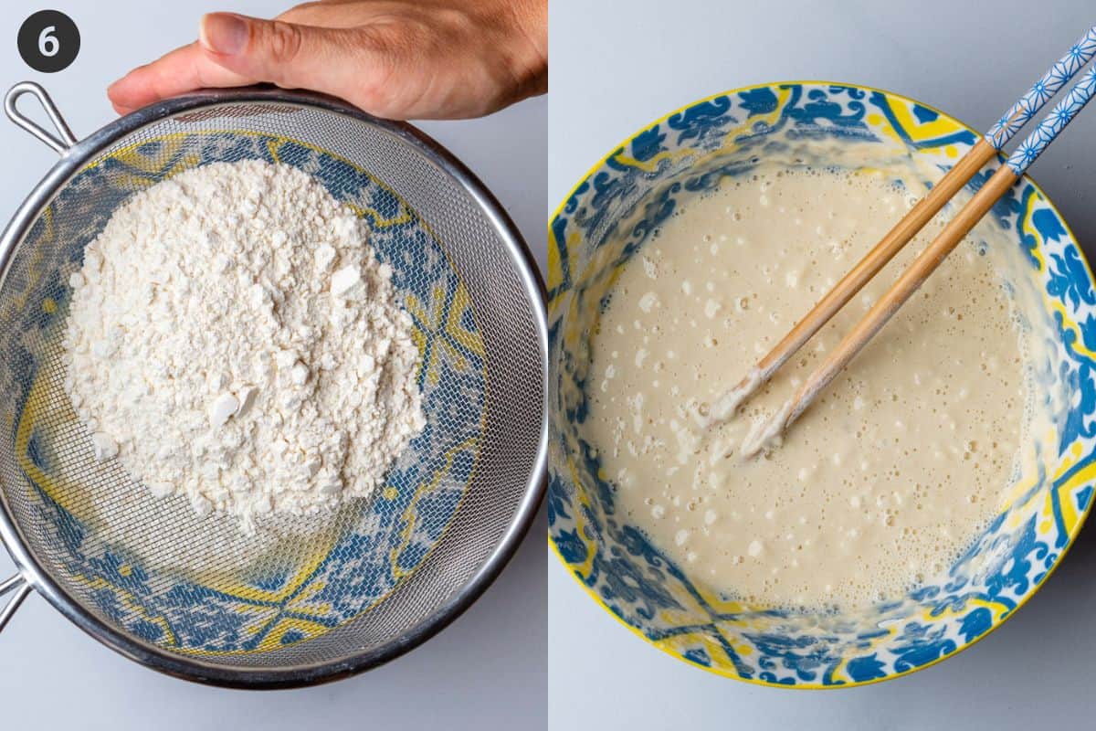 Making of tempura batter with flour and water