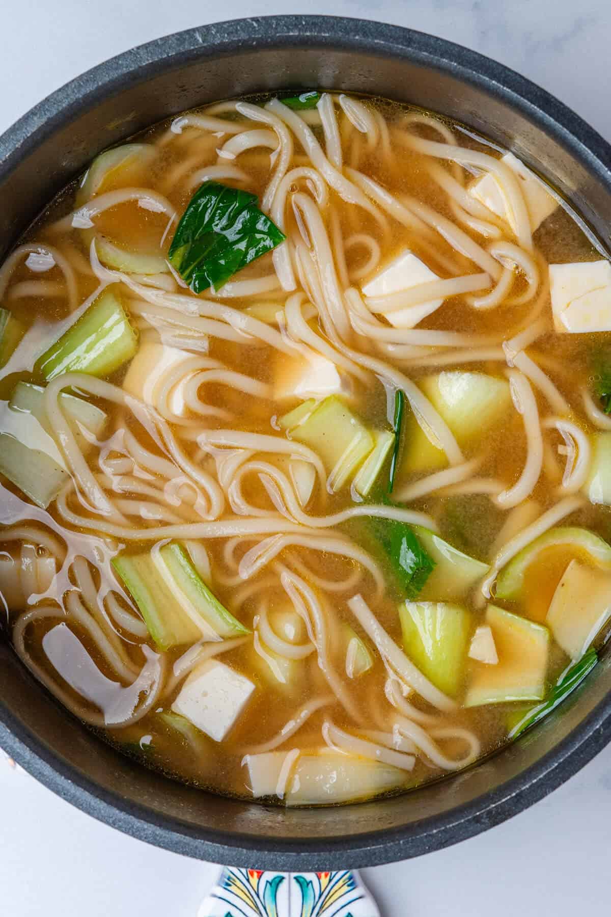 Pot of udon noodle soup