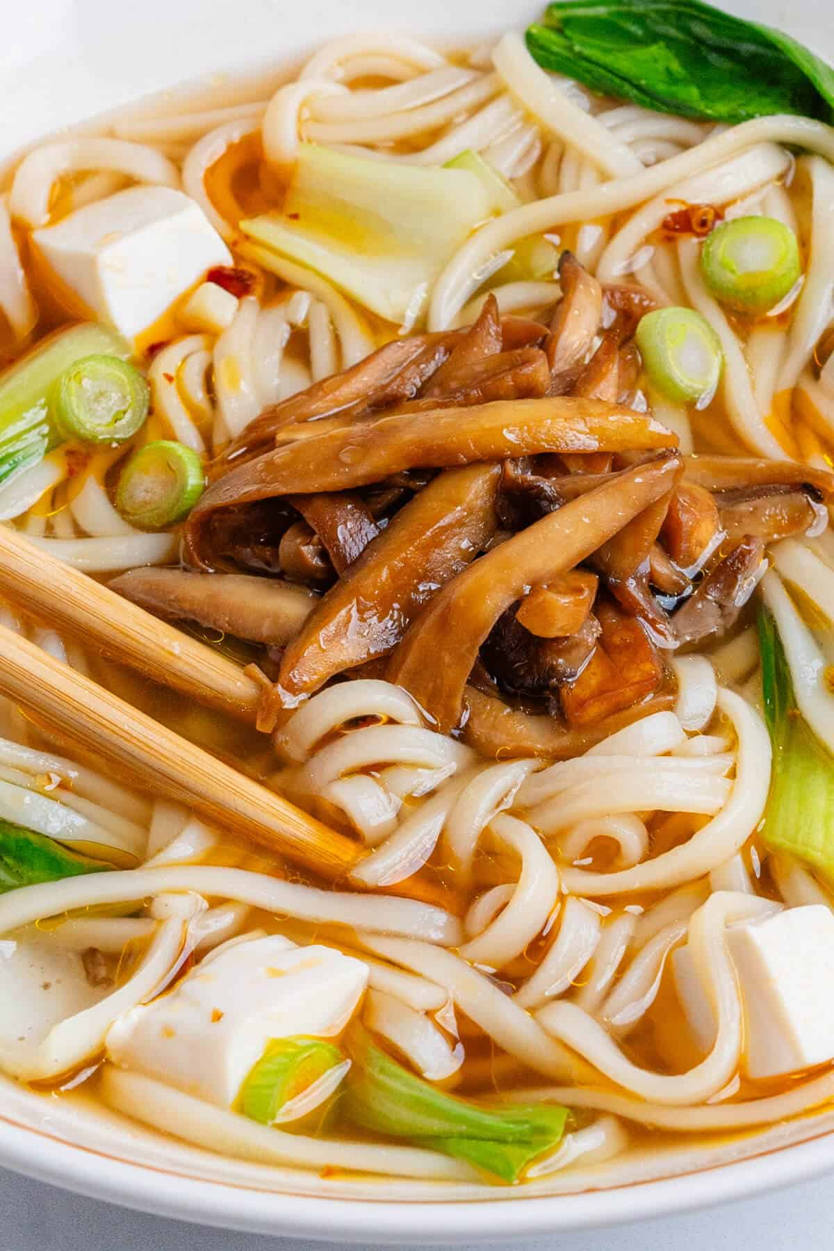 Close up of soup with mushrooms on top