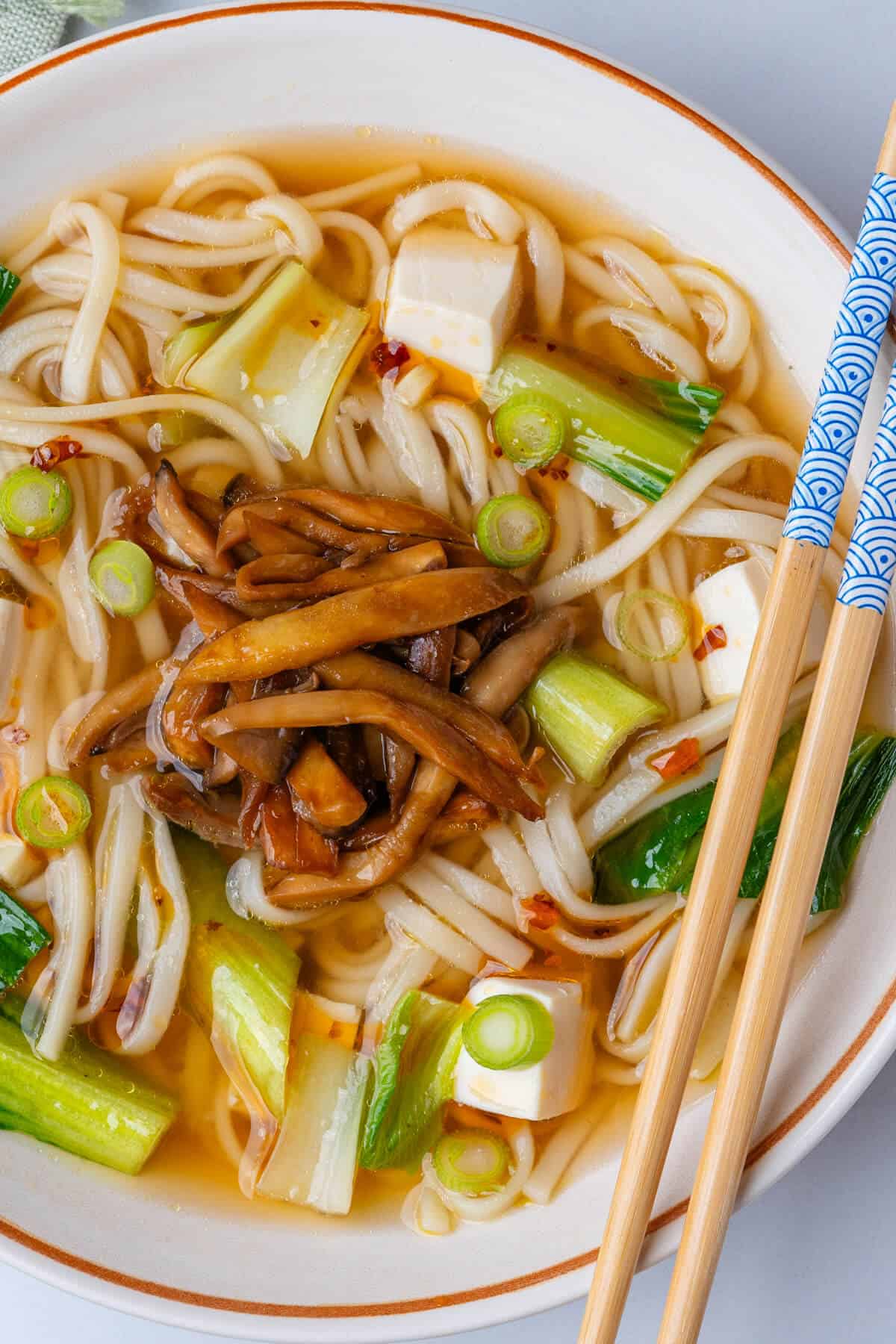 Udon noodle soup in a bowl with chopsticks