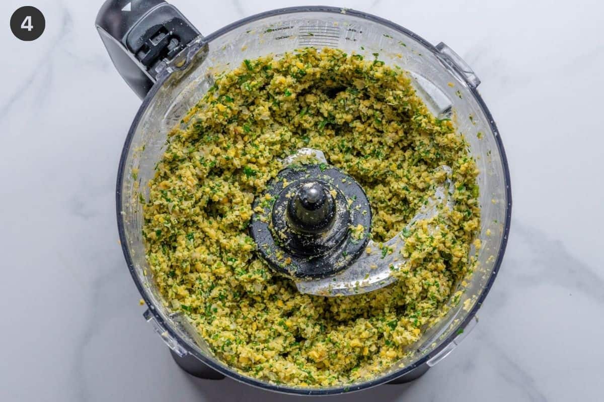 Falafel mixture blended in a food processor