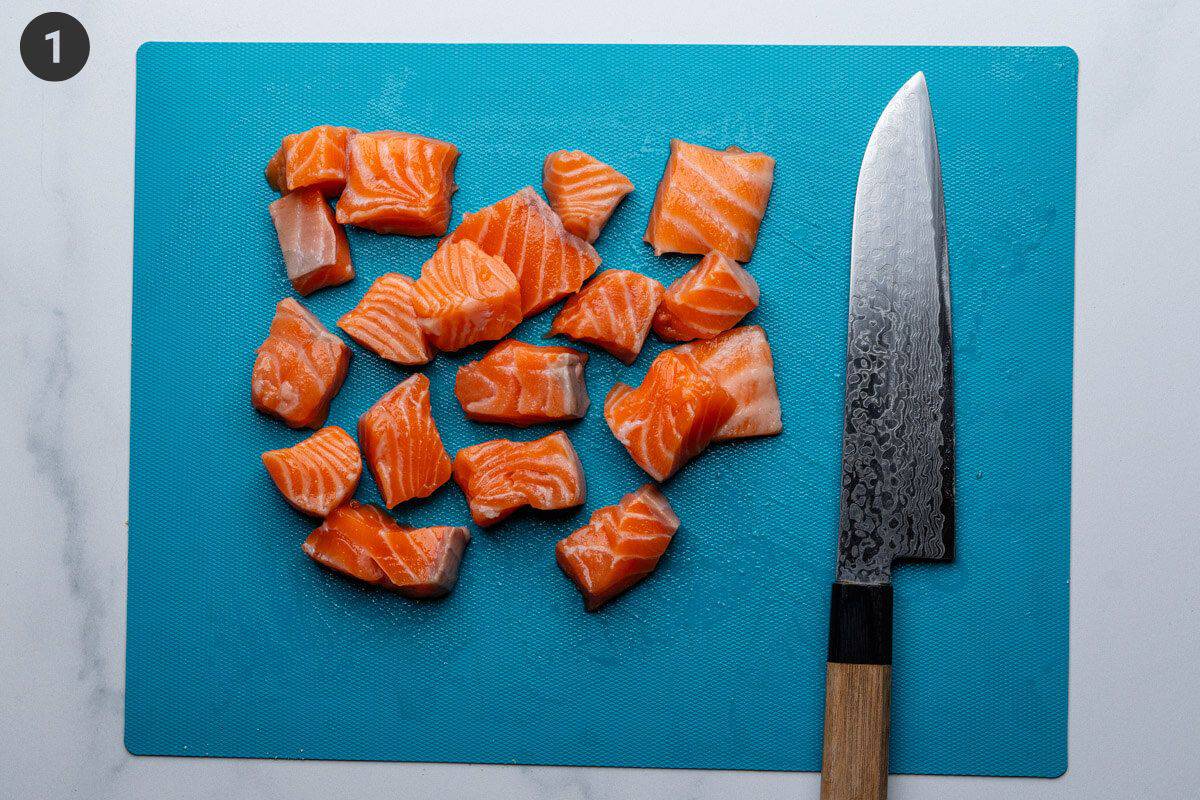 Raw salmon cut into cubes