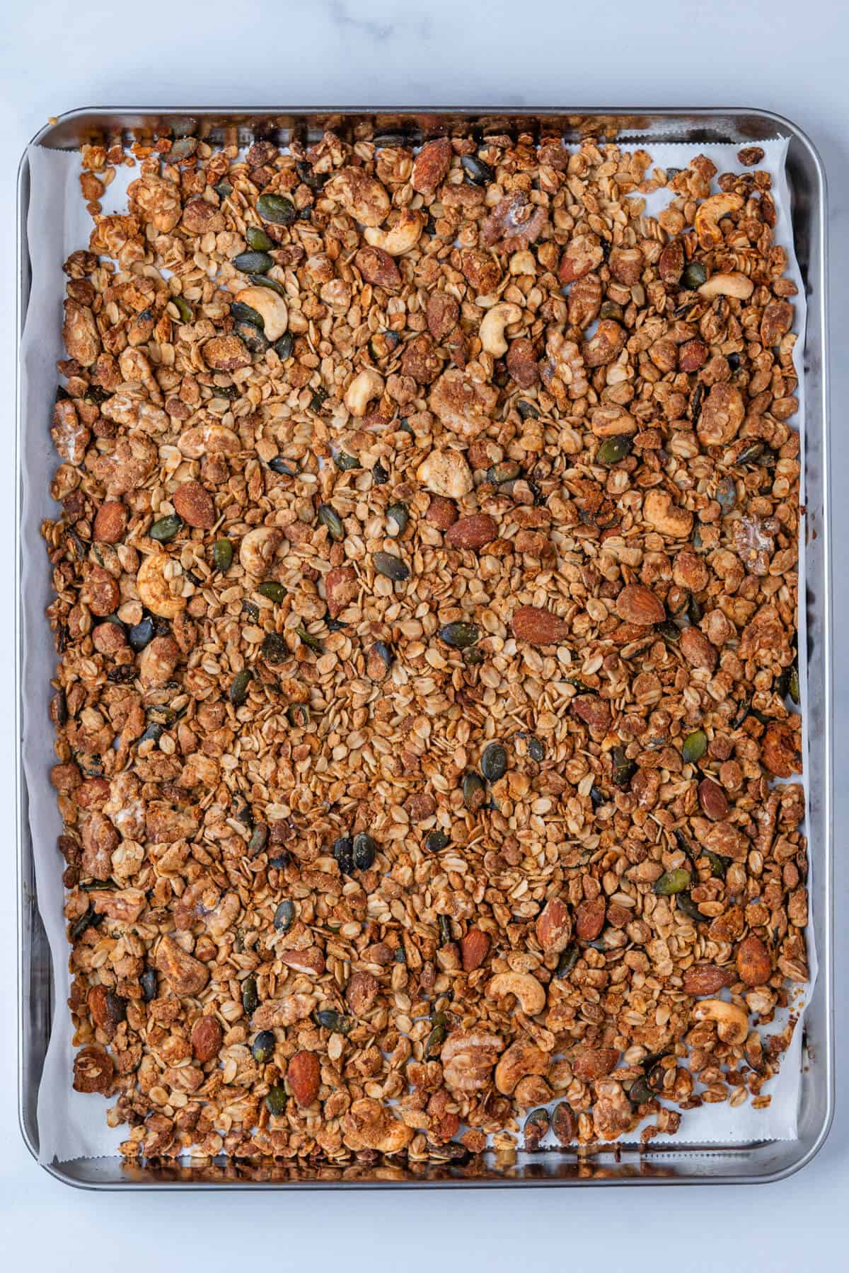 Baked granola in a sheet pan