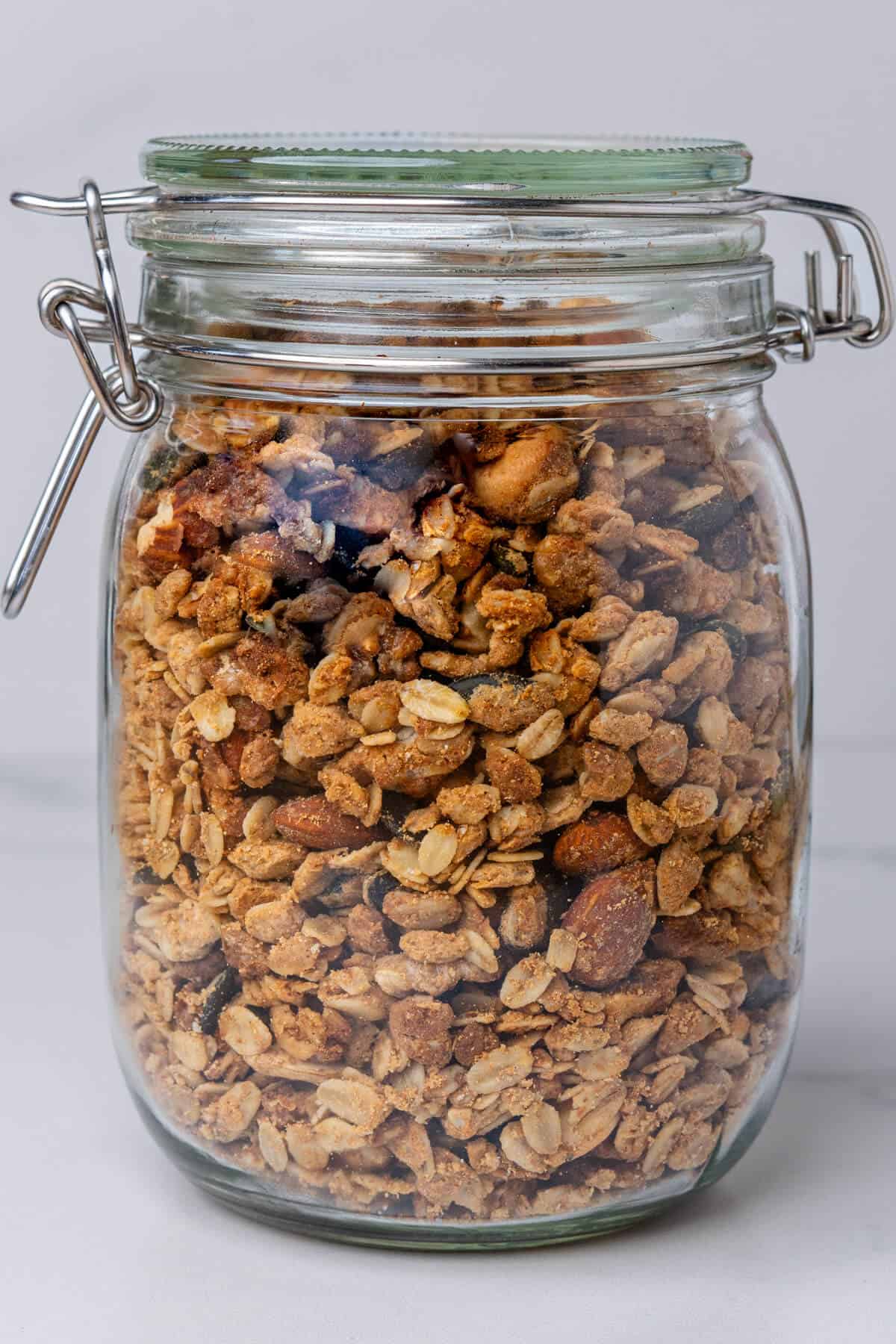 Protein granola in a large glass jar