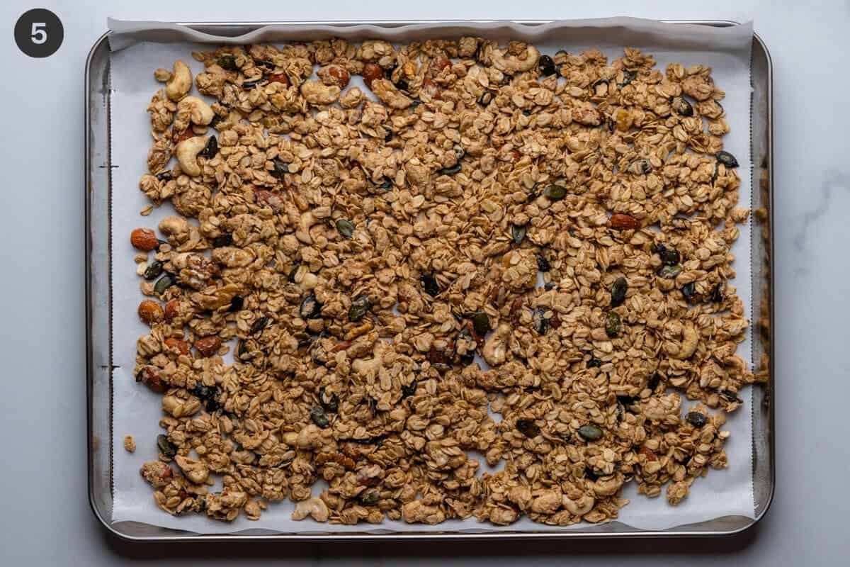 Mixture spread out on a sheet pan ready to be baked