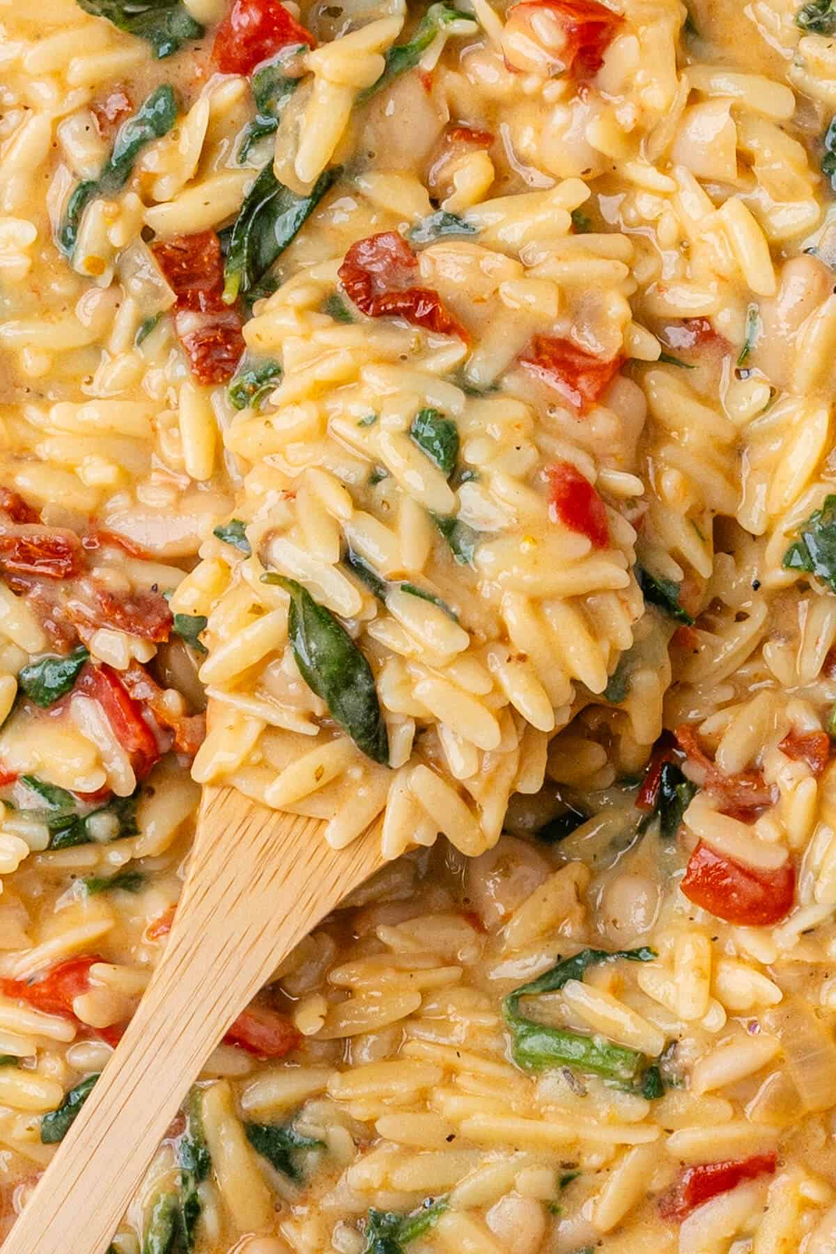 Close up of wooden spoon to show the creaminess of the pasta