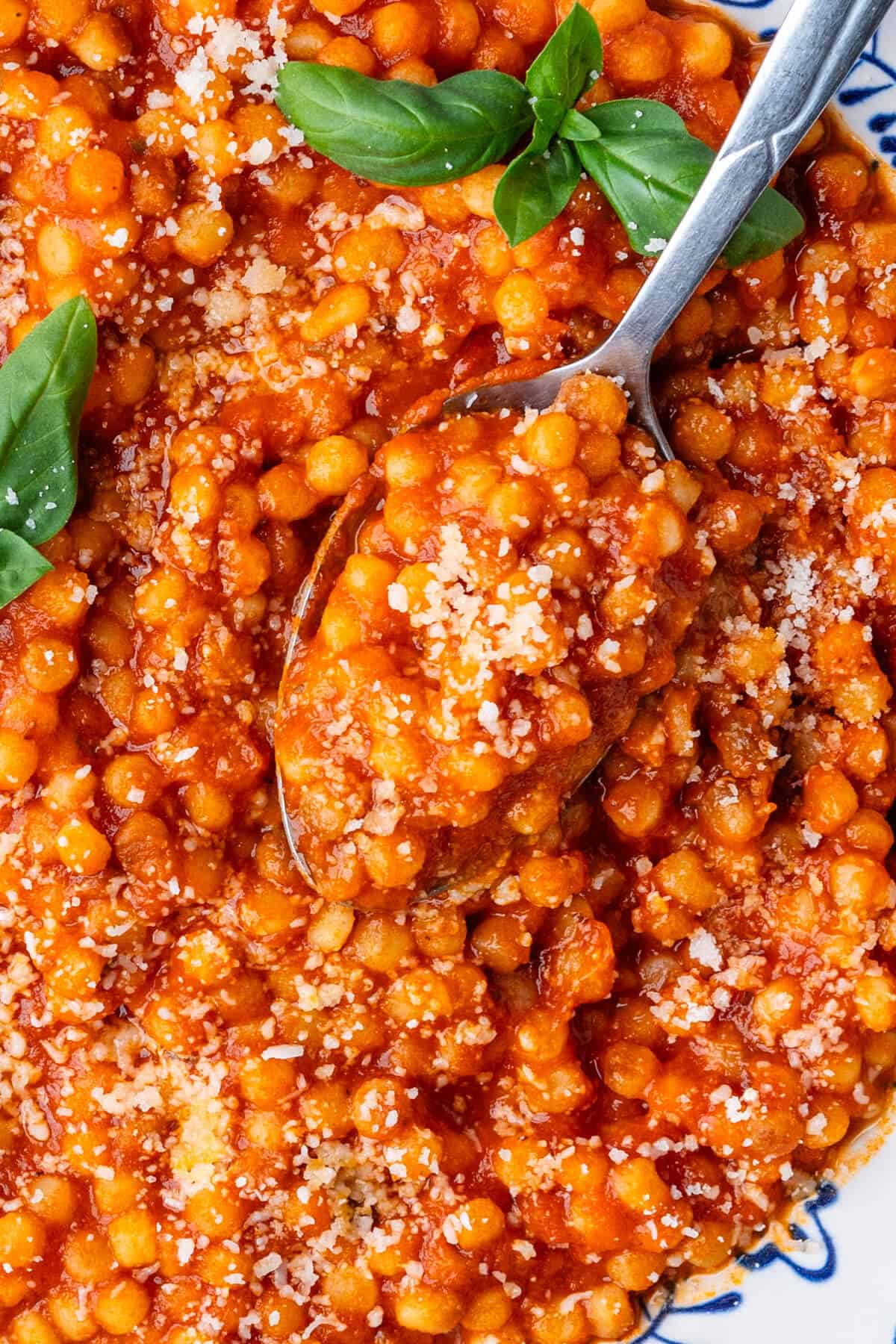 Spoon in a bowl of pasta with sugo