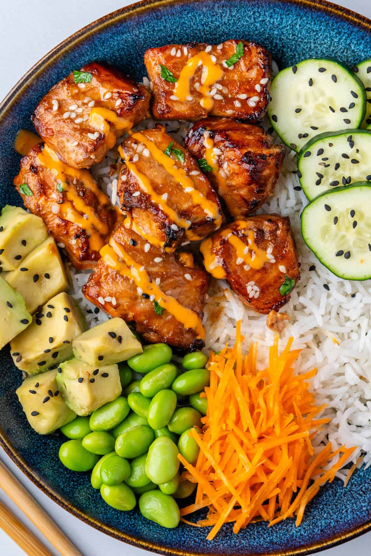 Final salmon bowl with rice and veggies