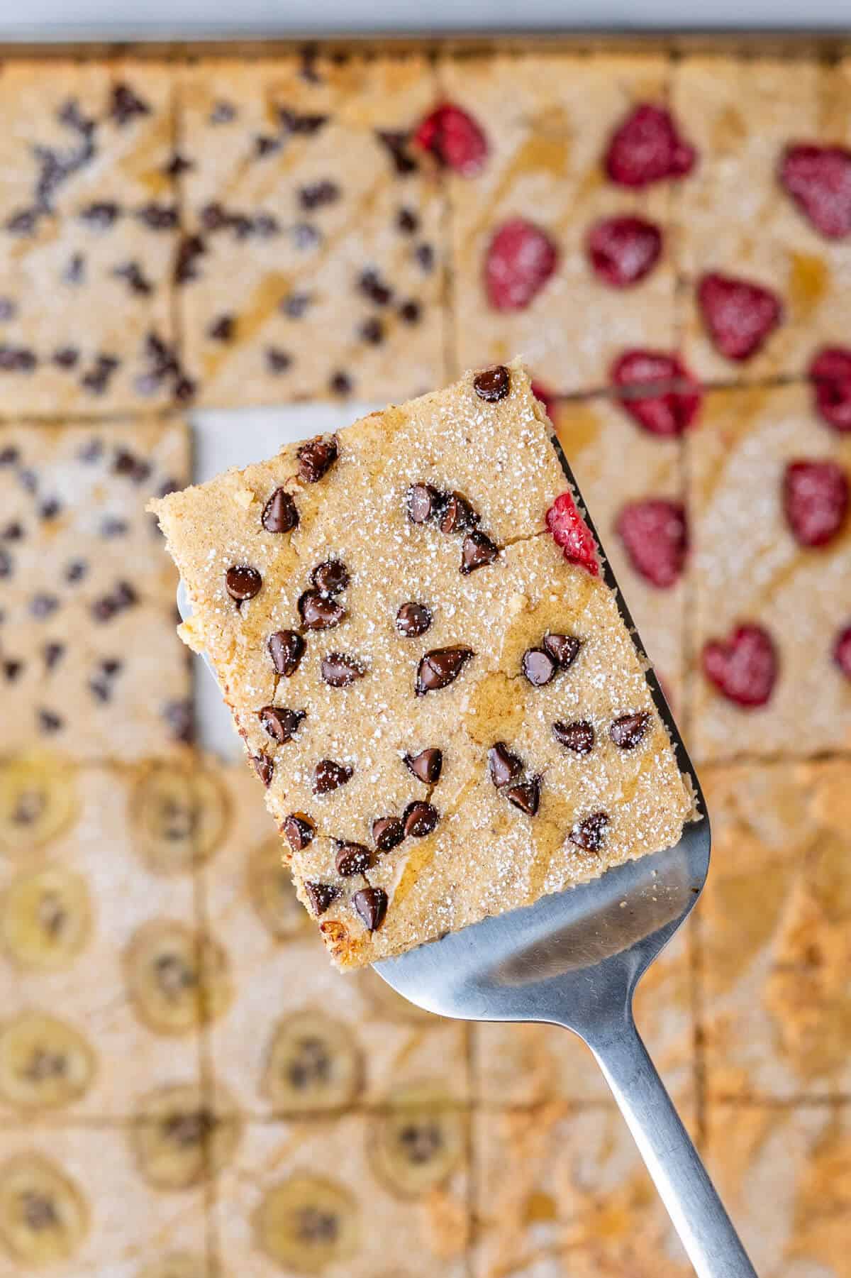 Close up of piece of chocolate chip pancake