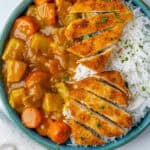 Katsu curry in a bowl with tofu katsu and rice