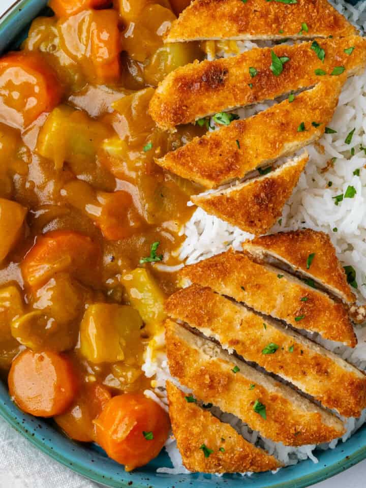 Katsu curry in a bowl with tofu katsu and rice